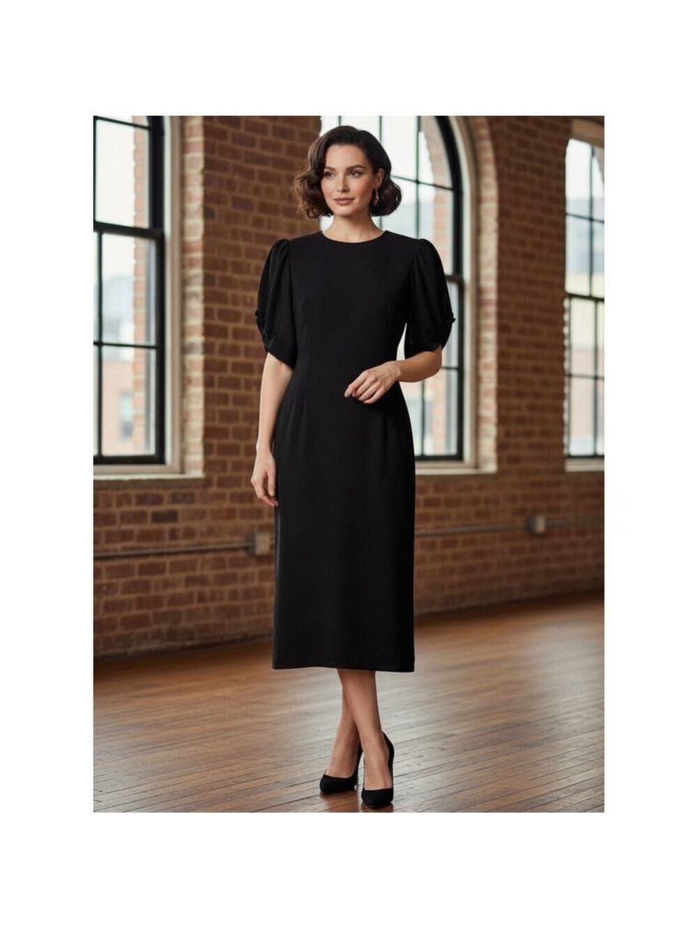 Susan Bennett Vintage Black Midi Puff Sleeve Dress Size 12 (19” PTP)